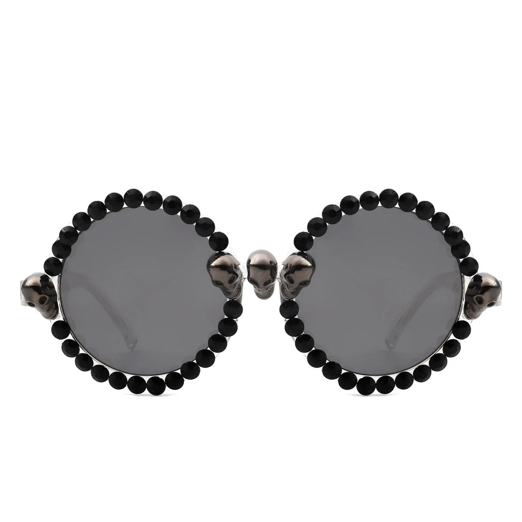 Aerion - Retro Round Gothic Rhinestone Skull Party Sunglasses
