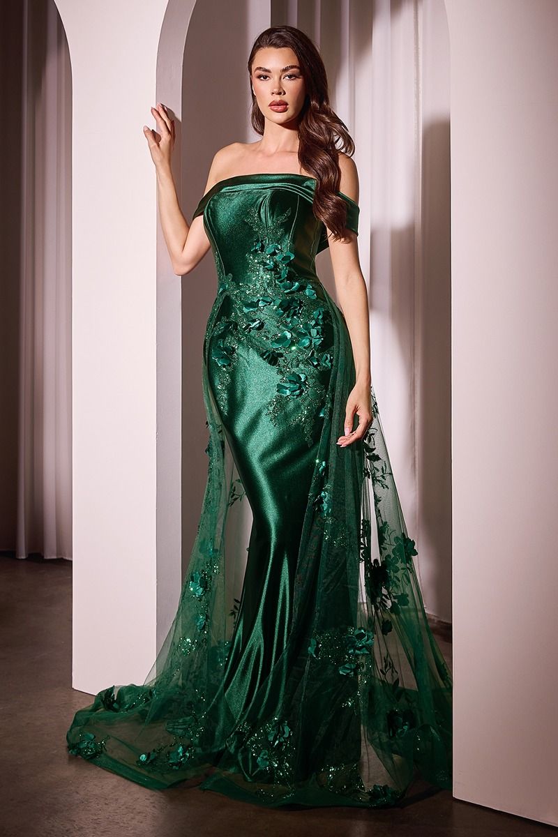Elegant Off-Shoulder Satin Mermaid Gown with 3D Floral Smoky Blue / Mauve
