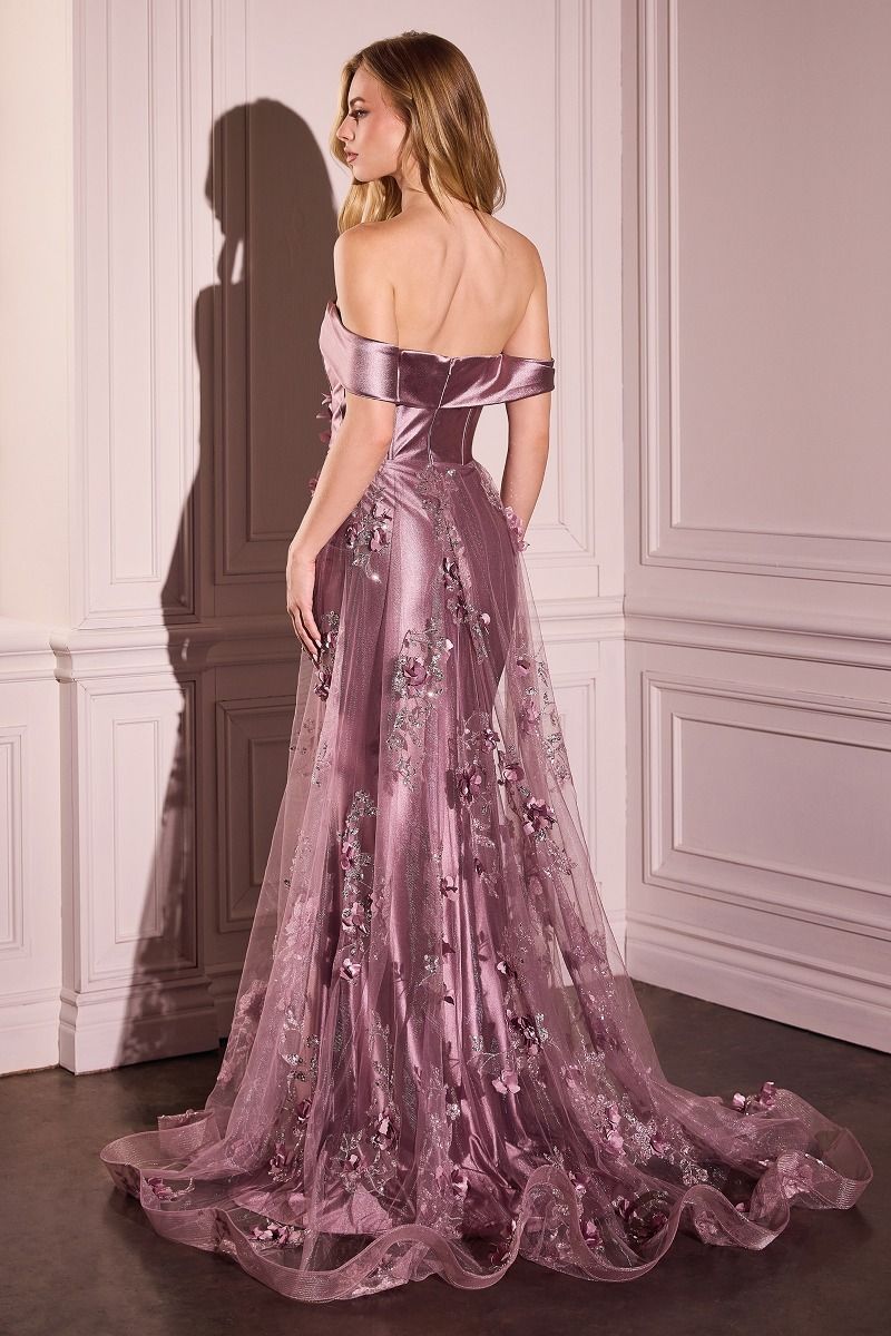 Elegant Off-Shoulder Satin Mermaid Gown with 3D Floral Smoky Blue / Mauve