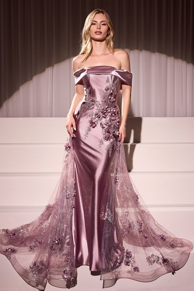 Elegant Off-Shoulder Satin Mermaid Gown with 3D Floral Smoky Blue / Mauve
