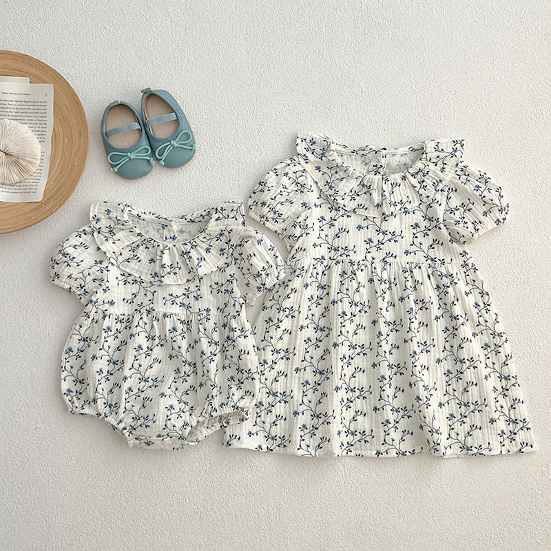 Summer Baby Kids Girls Vine Pattern bodysuit And Girls’ Dress – Princess Sister Matching Set
