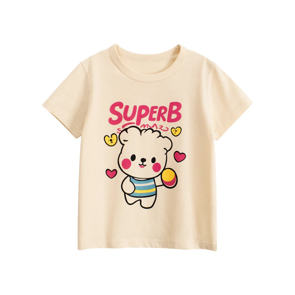 Summer Girls’ Cartoon Teddy and Letters Pattern Printed T-shirt in European and American Style