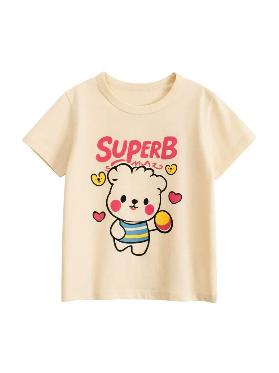 Summer Girls’ Cartoon Teddy and Letters Pattern Printed T-shirt in European and American Style