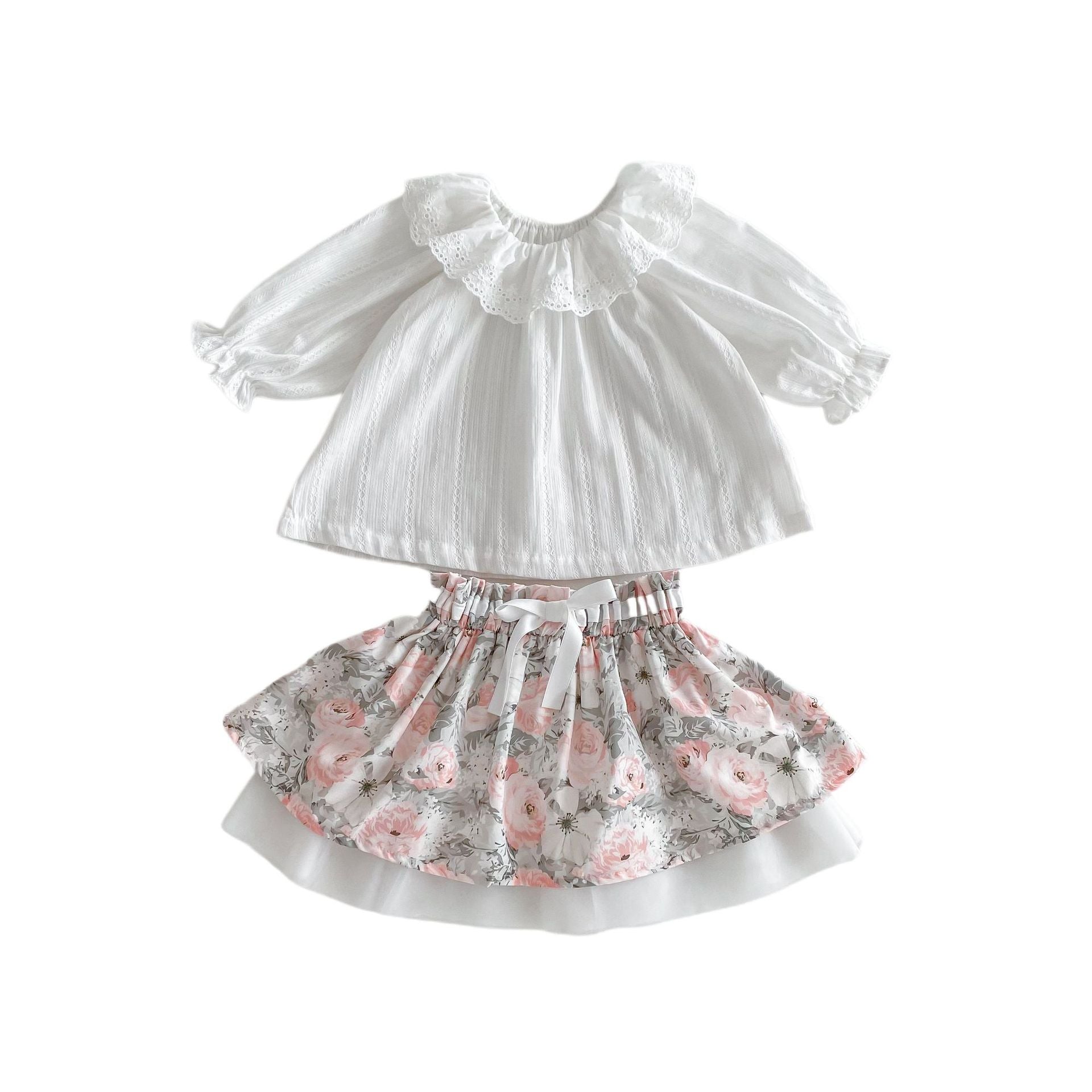 Spring Baby Kids Girls Plain Long Sleeves Base Shirt And Floral Skirt Clothing Set