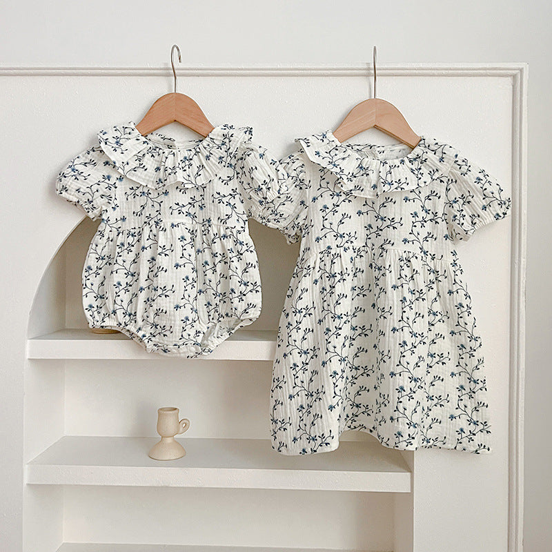 Summer Baby Kids Girls Vine Pattern bodysuit And Girls’ Dress – Princess Sister Matching Set
